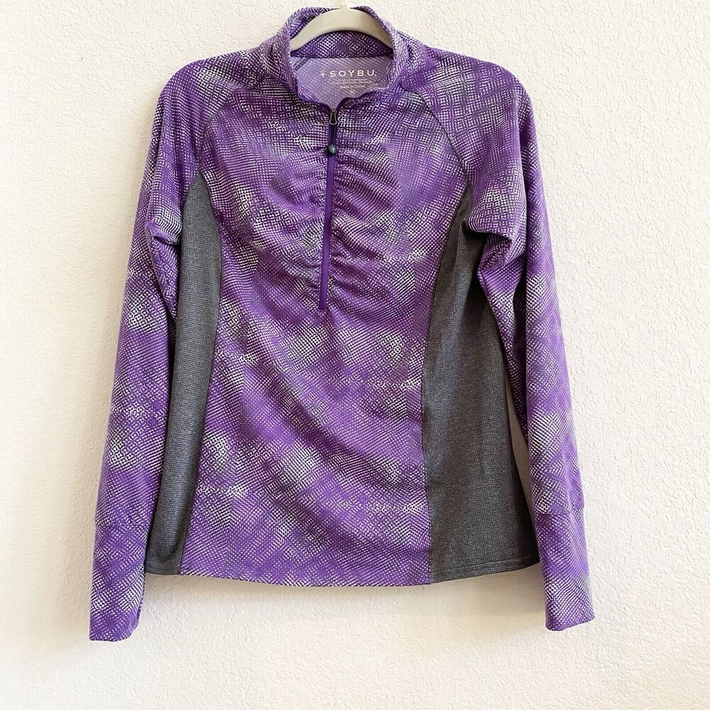 SOYBU stretch 1/2 Zip Pullover active jacket top striped Purple Black Size M